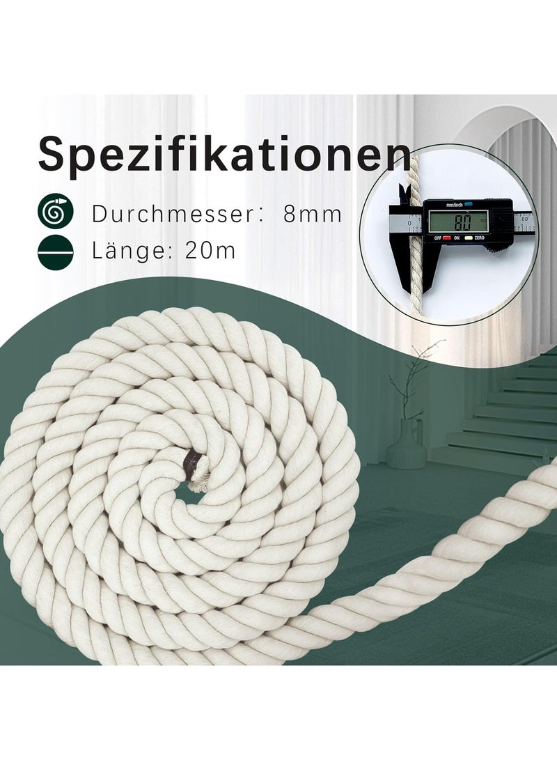حبل من القطن بسمك 8 ملم وطول 20 متر من روستين، حبل قطني سميك من خيوط المكرمية بالوأن قوس قزح، مجموعة يدوية للحديقة والشرفة وديكور المنزل، بلون بيج - Image 1