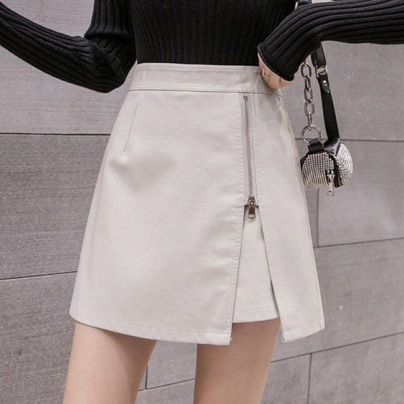 Leather Short Skirt Womens Spring and Summer 2023 New Fashion High Waist Black Zipper Split Hip Skirt Winter Sweater Black - Image 2