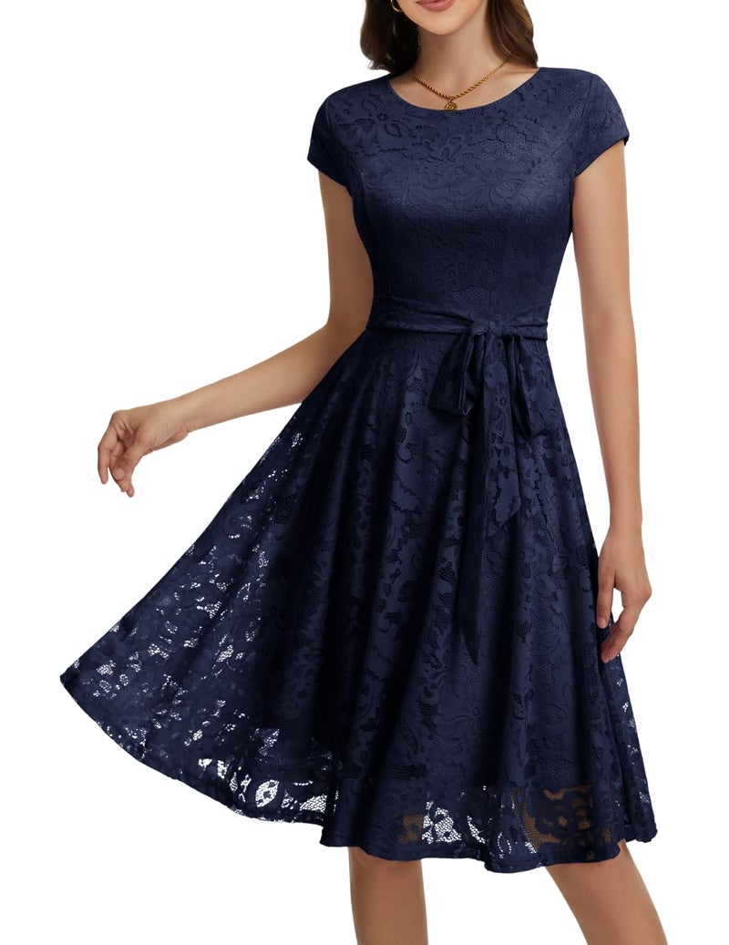 MUADRESS Women Cap-Sleeve Lace Floral Elegant Cocktail Dress Crew Neck Knee Length Bridesmaid Prom Dresses for Party Navy 4XL - Image 1
