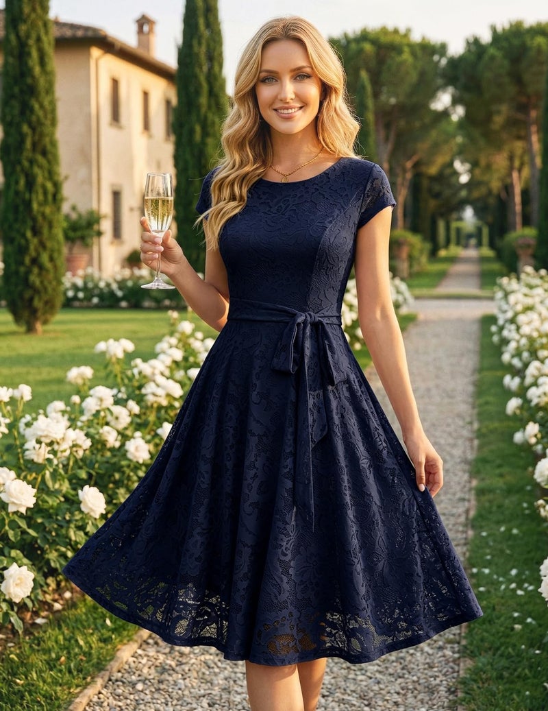 MUADRESS Women Cap-Sleeve Lace Floral Elegant Cocktail Dress Crew Neck Knee Length Bridesmaid Prom Dresses for Party Navy 4XL - Image 5