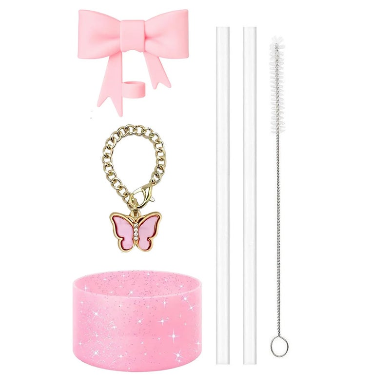 TecoKart ® 6 PCS Pink Stanley Cup Accessories Set whitout Cups, Silicone Bow Straw Cover, Leak-Proof Base, Decorative Chain, Cleaning Brush, Reusable Straws for Tumbler - Image 1