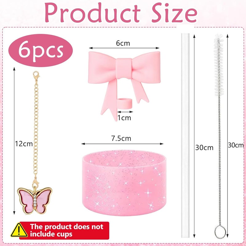 TecoKart ® 6 PCS Pink Stanley Cup Accessories Set whitout Cups, Silicone Bow Straw Cover, Leak-Proof Base, Decorative Chain, Cleaning Brush, Reusable Straws for Tumbler - Image 2