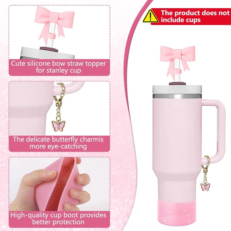 TecoKart ® 6 PCS Pink Stanley Cup Accessories Set whitout Cups, Silicone Bow Straw Cover, Leak-Proof Base, Decorative Chain, Cleaning Brush, Reusable Straws for Tumbler - Image 3