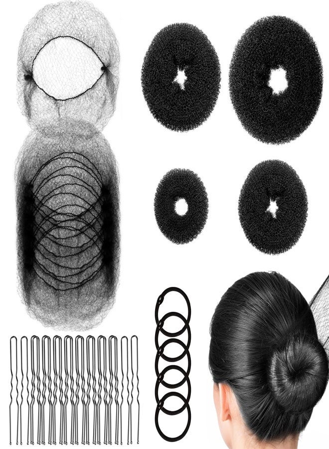 وهاواي Hair Donut Bun Maker Set, Hair Bun Maker Set with 4pcs Bun Shapers, 20pcs Invisible Nets, 5pcs Hair Elastic Bands, 20pcs Bobby Pins (Black) - Image 1