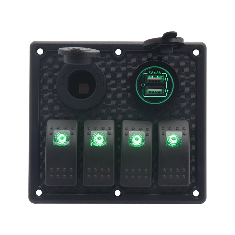 لوحة مفتاح LED خضراء 4 فتحات مع شاحن سيارة USB مزدوج 5 فولت 4.8 أمبير ومقبس ضوء تشعيل ومجموعات أسلاك لمركبات المدرعة والسيارات والشاحنات والمركبات البحرية والقوارب - Image 1