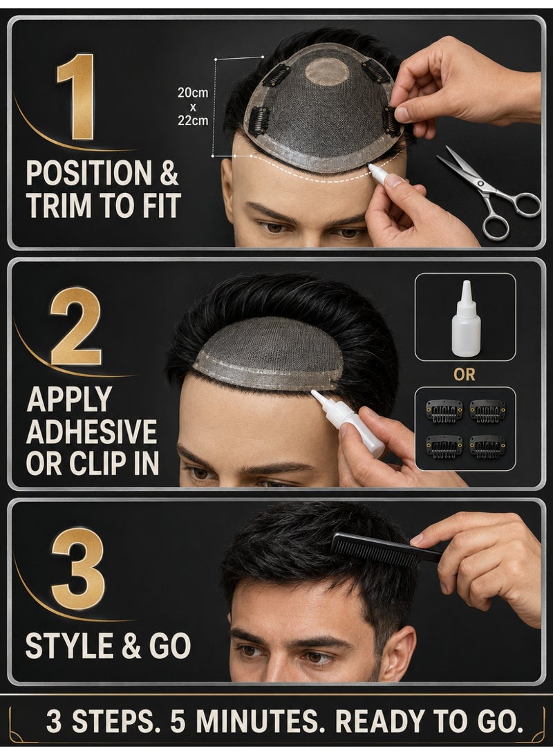 100% Real Human Hair Toupee for Men - 20x22 cm Natural Black Hairpiece for Thinning Hair & Receding Hairline - Dual Fixation Adhesive and Clip Scalp Topper Men's Wigs - Image 4