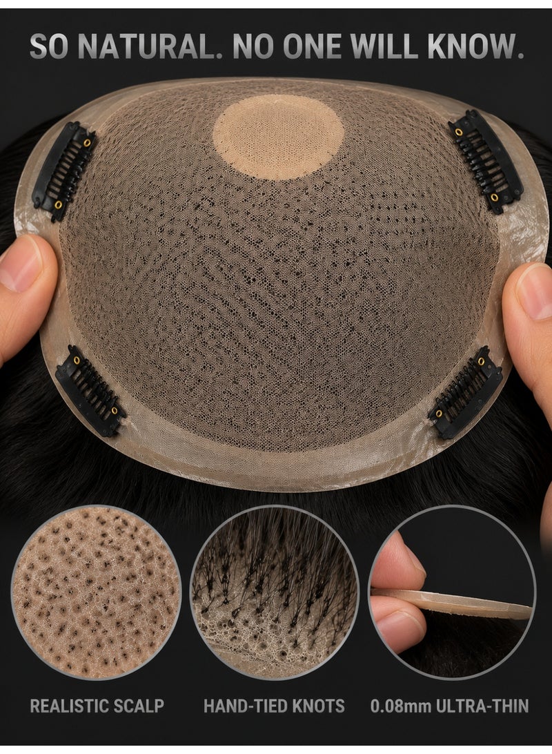 100% Real Human Hair Toupee for Men - 20x22 cm Natural Black Hairpiece for Thinning Hair & Receding Hairline - Dual Fixation Adhesive and Clip Scalp Topper Men's Wigs - Image 3