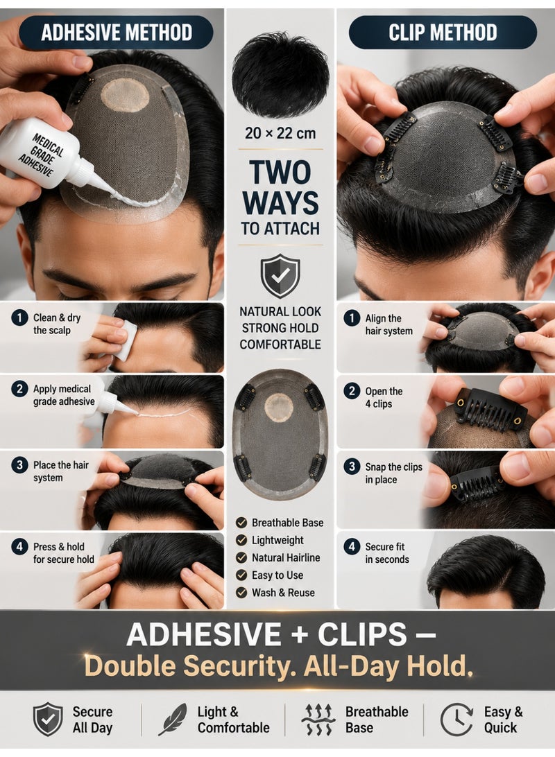 100% Real Human Hair Toupee for Men - 20x22 cm Natural Black Hairpiece for Thinning Hair & Receding Hairline - Dual Fixation Adhesive and Clip Scalp Topper Men's Wigs - Image 5