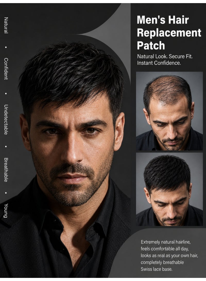 100% Real Human Hair Toupee for Men - 20x22 cm Natural Black Hairpiece for Thinning Hair & Receding Hairline - Dual Fixation Adhesive and Clip Scalp Topper Men's Wigs - Image 1