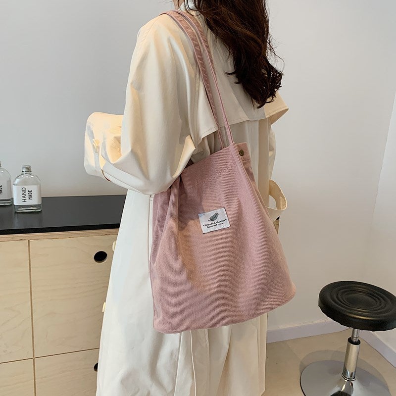 Corduroy Bucket Bag with Feather Charm, Handbag - Image 1