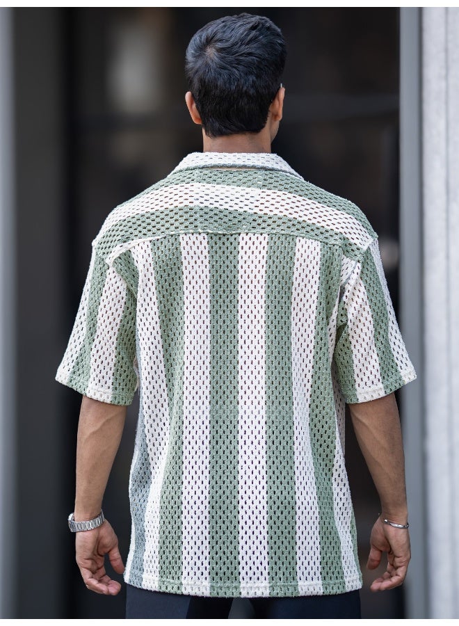 Maniac Maniac Mens Textured Half Sleeve HalfWhite and Green Cotton Shirt  - Image 4