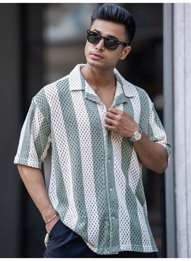 Maniac Maniac Mens Textured Half Sleeve HalfWhite and Green Cotton Shirt