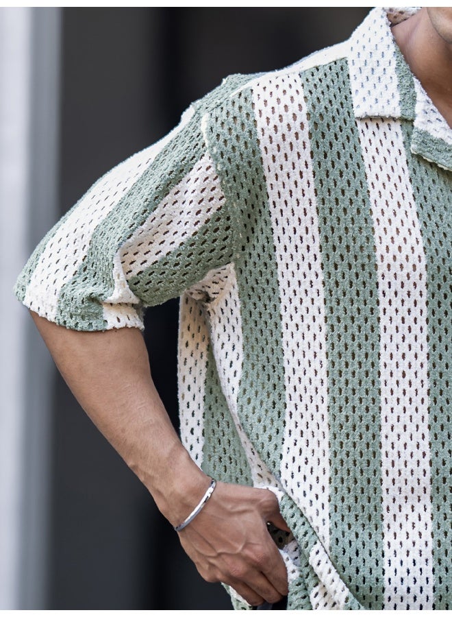 Maniac Maniac Mens Textured Half Sleeve HalfWhite and Green Cotton Shirt  - Image 5
