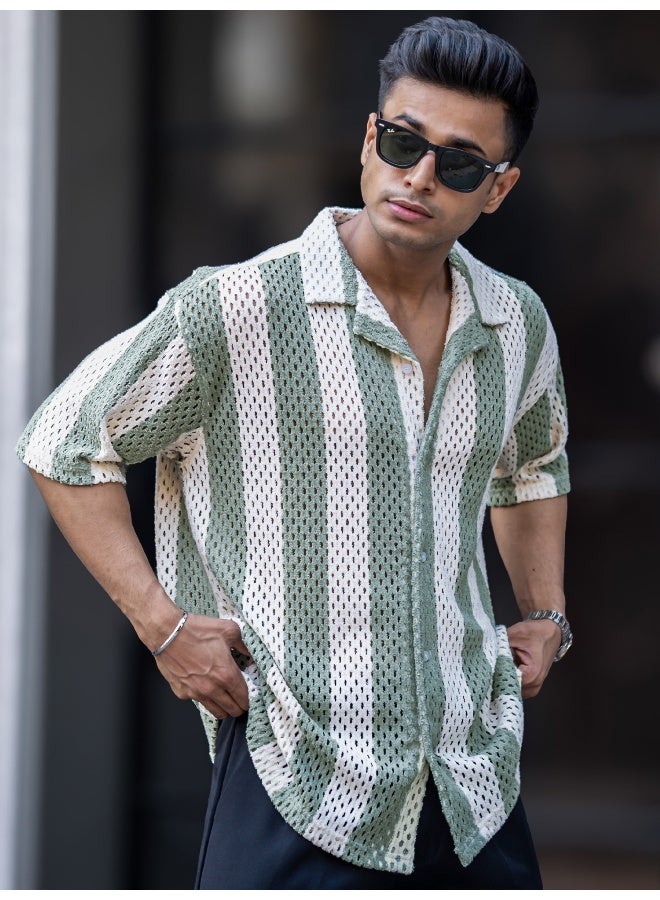 Maniac Maniac Mens Textured Half Sleeve HalfWhite and Green Cotton Shirt  - Image 3