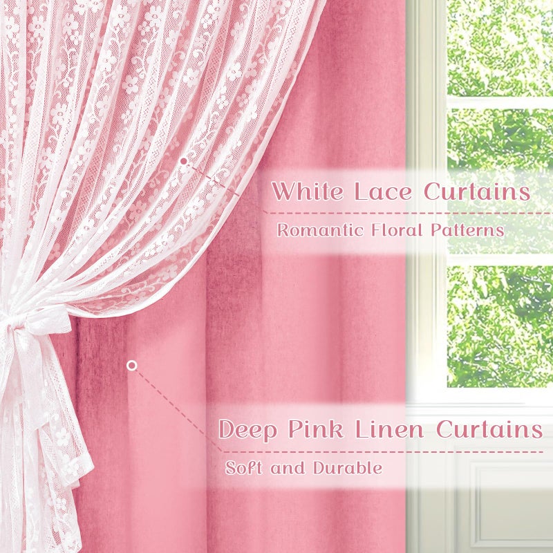 ASPMIZ Pink Kitchen Curtains Double Layer Curtains with Linen Lace, Linen Kitchen Window Curtain 36 inch Length, Farmhouse Tier Curtain with 2 Tiebacks, Rod Pocket Window Treatments for Cafe Bathroom - Image 2