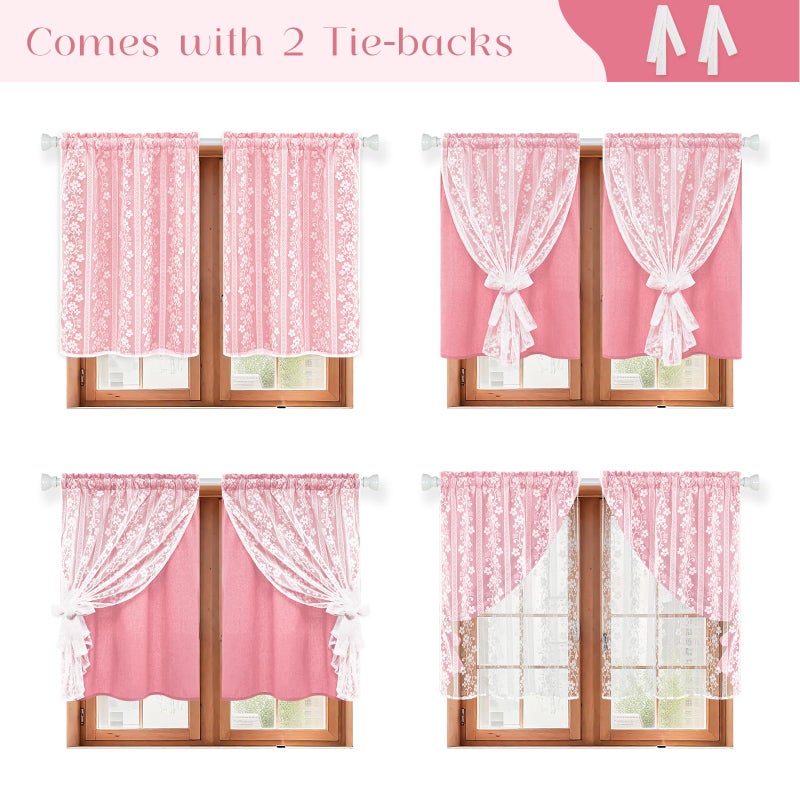 ASPMIZ Pink Kitchen Curtains Double Layer Curtains with Linen Lace, Linen Kitchen Window Curtain 36 inch Length, Farmhouse Tier Curtain with 2 Tiebacks, Rod Pocket Window Treatments for Cafe Bathroom - Image 3