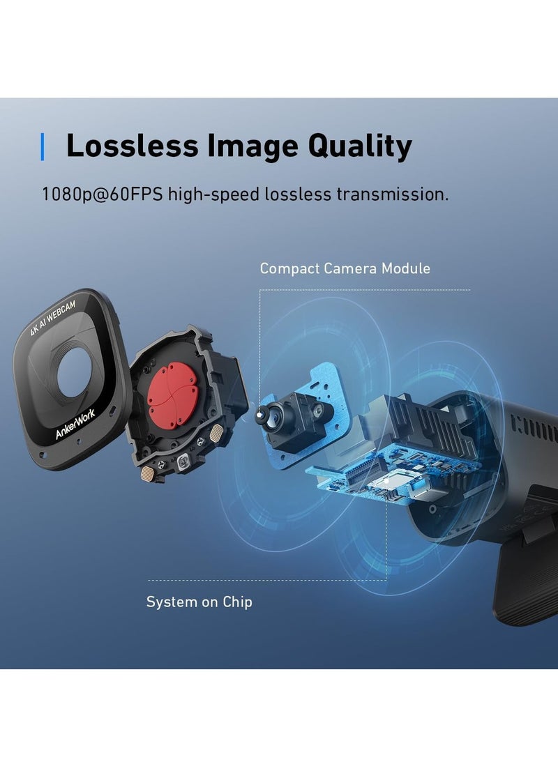 AnkerWork C310 4K Webcam for PC, 12 Megapixel, AI Auto Focus, AI Framing, AI Noise Canceling Mic, Built-In Privacy Cover, Adjustable FOV, 1080p@60FPS HDR, USB Webcam for Video Calls and Livestreams