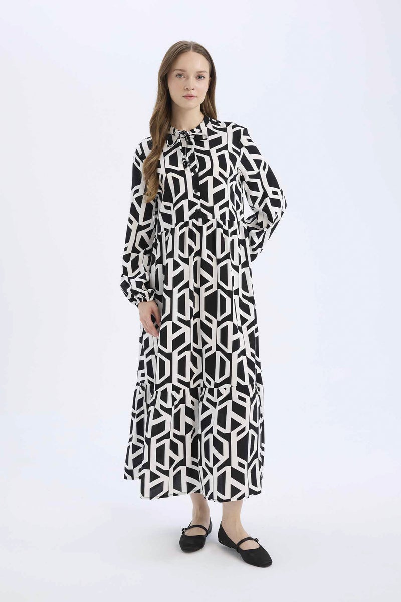 DeFacto Beige Woman Crew Neck Printed Viscose Dress Casual - Image 5