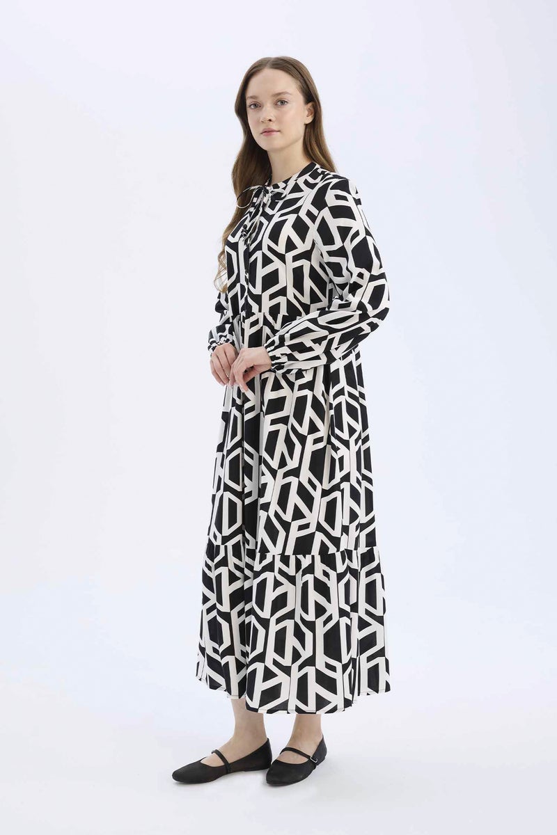 DeFacto Beige Woman Crew Neck Printed Viscose Dress Casual - Image 1