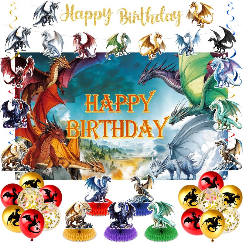 LUUFILx Dragon Birthday Party Decorations Black Gold Dragon Knight Party Supplies with Birthday Banner Backdrop Honeycomb Topper Hanging Swirls Balloons for Kids Dinosaur Decor Blue - Image 2