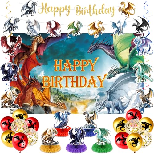 LUUFILx Dragon Birthday Party Decorations Black Gold Dragon Knight Party Supplies with Birthday Banner Backdrop Honeycomb Topper Hanging Swirls Balloons for Kids Dinosaur Decor Blue - Image 1