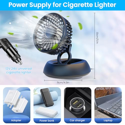 STHIRA® Foldable Car Fan 12 Volt Hi Speed for Cigarette Lighter 12V USB Fan for Car 3-Speed Small Fan for Face with Switch 360 ° Rotatable Quiet Car Cooling Fan Plug and Go, 1.5m Cable, 11x11x13cm - Image 2