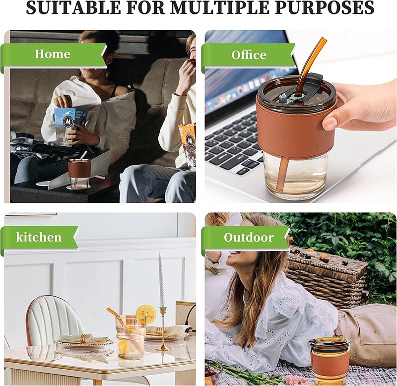 KELVEE KHOLAD Glass Reusable Sipper Bottle with Leather Sleeve Glass Coffee Mug with Silicone Straw and Leakproof Lid Tumbler for Coffee,Tea, Milk Beverages 435ml (Golden) - Image 4