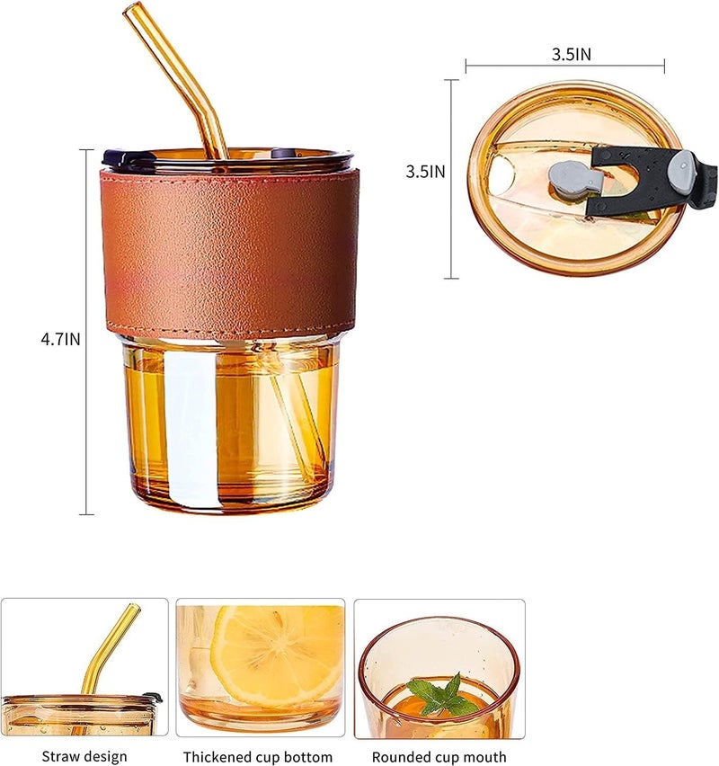 KELVEE KHOLAD Glass Reusable Sipper Bottle with Leather Sleeve Glass Coffee Mug with Silicone Straw and Leakproof Lid Tumbler for Coffee,Tea, Milk Beverages 435ml (Golden) - Image 5