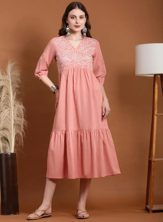 Globus Pink Embroidered V Neck Tiered Midi Dress
