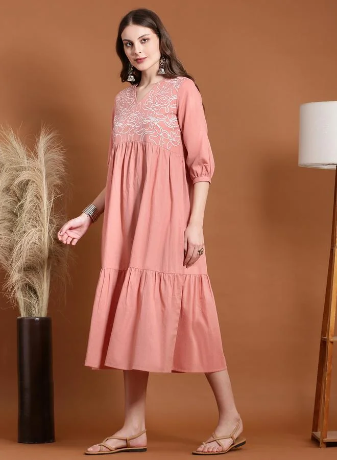 Globus Pink Embroidered V Neck Tiered Midi Dress