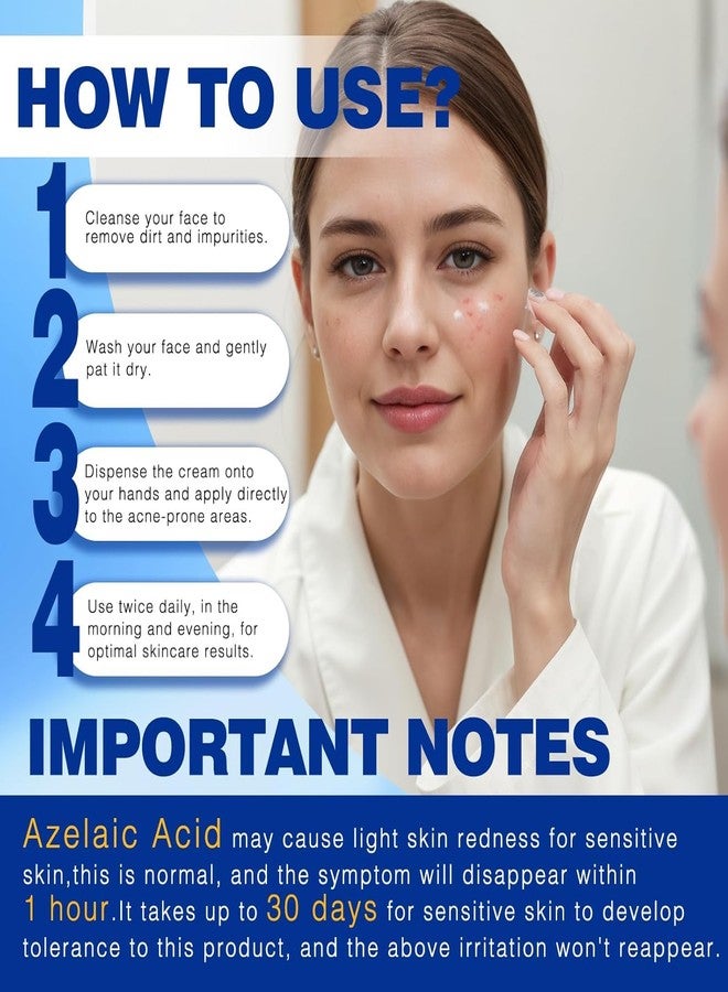 Sefralls عبوة 2 - كريم حمض الأزيليك 10% لعلاج حب الشباب، كريم وجه حمض الأزيليك الفاخر - تخفيف الاحمرار للوجه، العناية بالبشرة لتقليل الاحمرار، يمنع ظهور حب الشباب، يخفف البثور، ينقي البشرة، يهدئ التهيج، 1 أونصة - Image 5