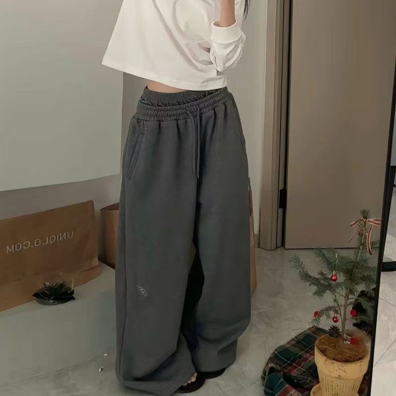 [Spring and Summer Thin] Chinese Cotton Double Waist Internet Celebrant Retro Lazy Style Spring Distinctive Wide Leg Embroidered Mop Pants Gray [thin section] 