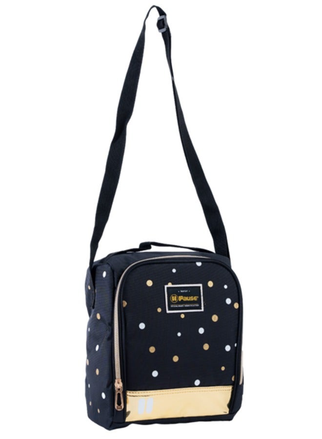 PAUSE Dots Printed Zipper Closure Insulated Lunch Bag with Adjustable Strap Black and Yellow