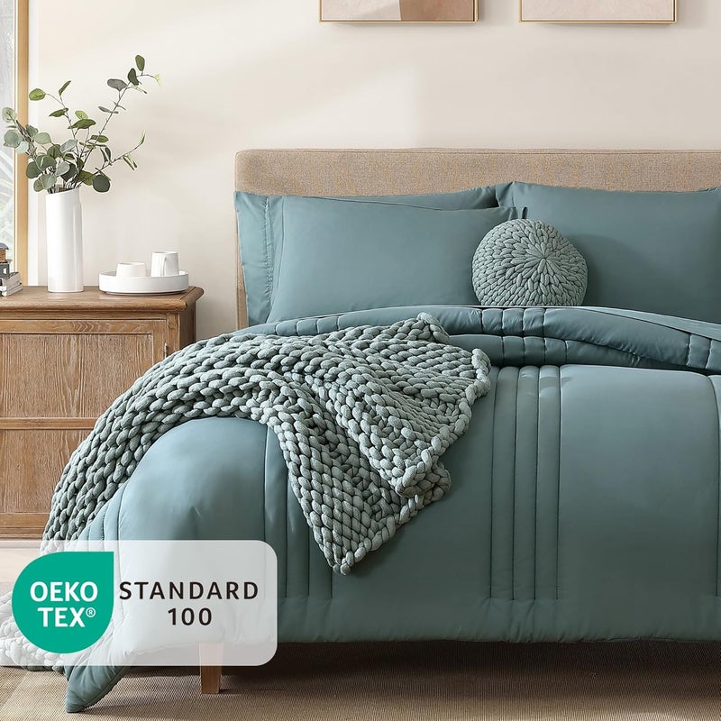 Monbix Super King Size Comforter Set - 7 Pieces Blue Green Bed in a Bag Super King Bedding Sets with Comforters, All Seasons Comforter Bed Set with Sheets,Pillowcases & Shams - Image 2