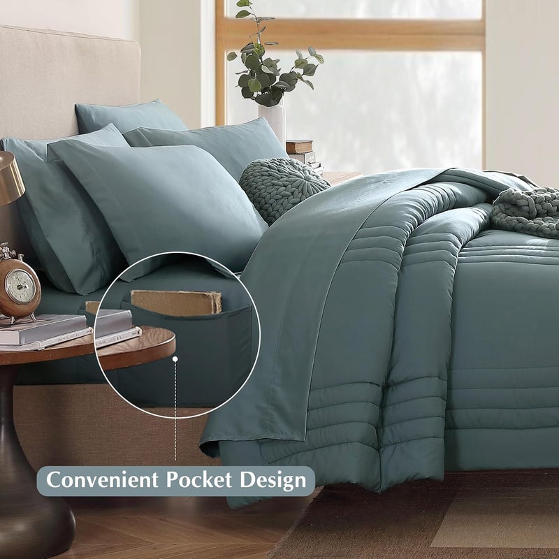 Monbix Super King Size Comforter Set - 7 Pieces Blue Green Bed in a Bag Super King Bedding Sets with Comforters, All Seasons Comforter Bed Set with Sheets,Pillowcases & Shams - Image 4