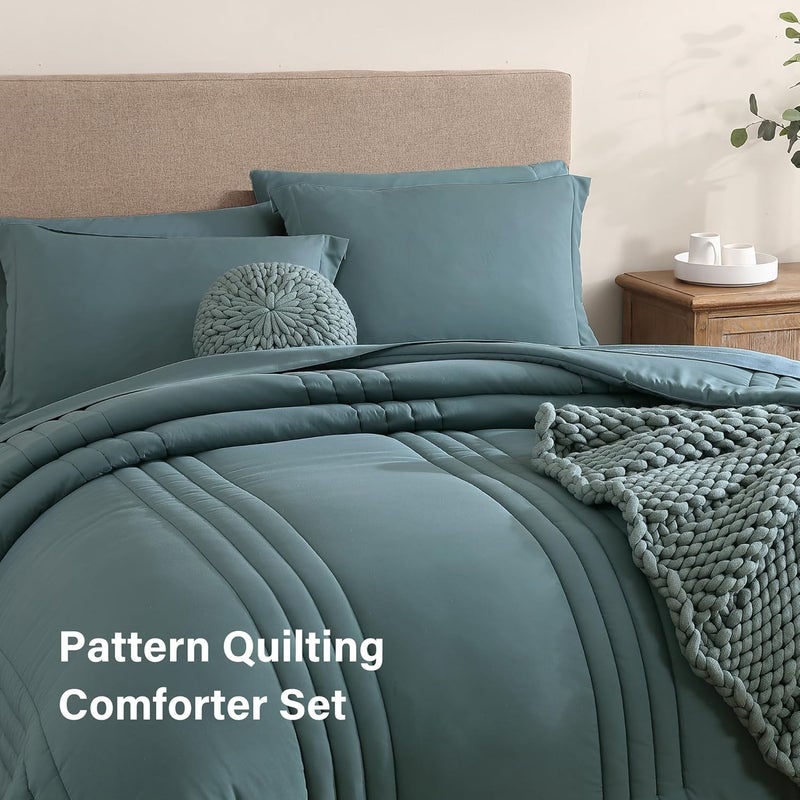 Monbix Super King Size Comforter Set - 7 Pieces Blue Green Bed in a Bag Super King Bedding Sets with Comforters, All Seasons Comforter Bed Set with Sheets,Pillowcases & Shams - Image 3