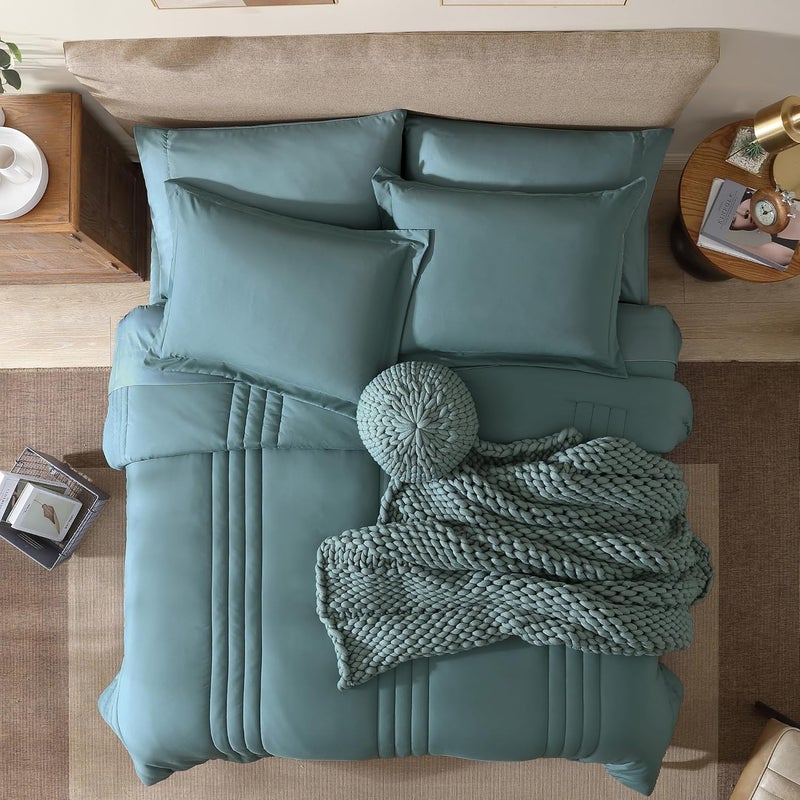 Monbix Super King Size Comforter Set - 7 Pieces Blue Green Bed in a Bag Super King Bedding Sets with Comforters, All Seasons Comforter Bed Set with Sheets,Pillowcases & Shams - Image 5