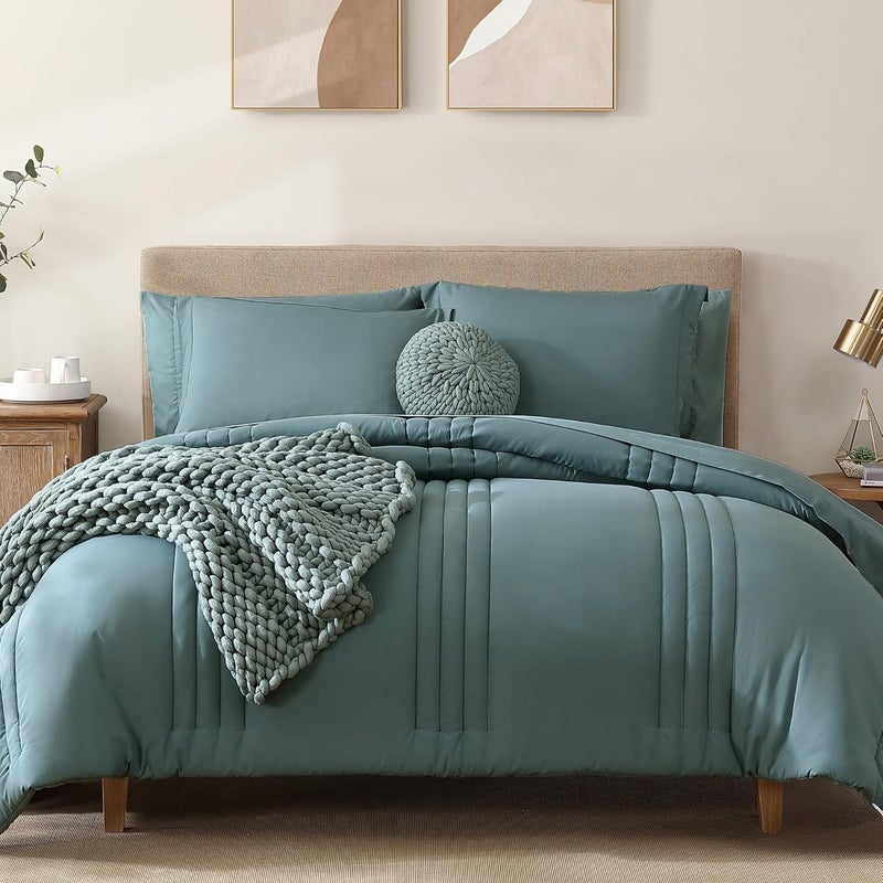 Monbix Super King Size Comforter Set - 7 Pieces Blue Green Bed in a Bag Super King Bedding Sets with Comforters, All Seasons Comforter Bed Set with Sheets,Pillowcases & Shams - Image 1