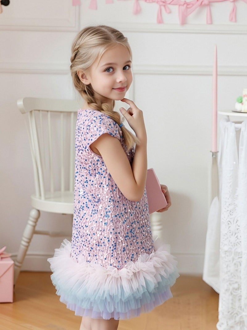 Tutu.kk Toddler Girls Sequin Dress A-Line Sparkly Short Sleeve Wedding Party Gown Dresses for Girls Pink 4-5T - Image 2