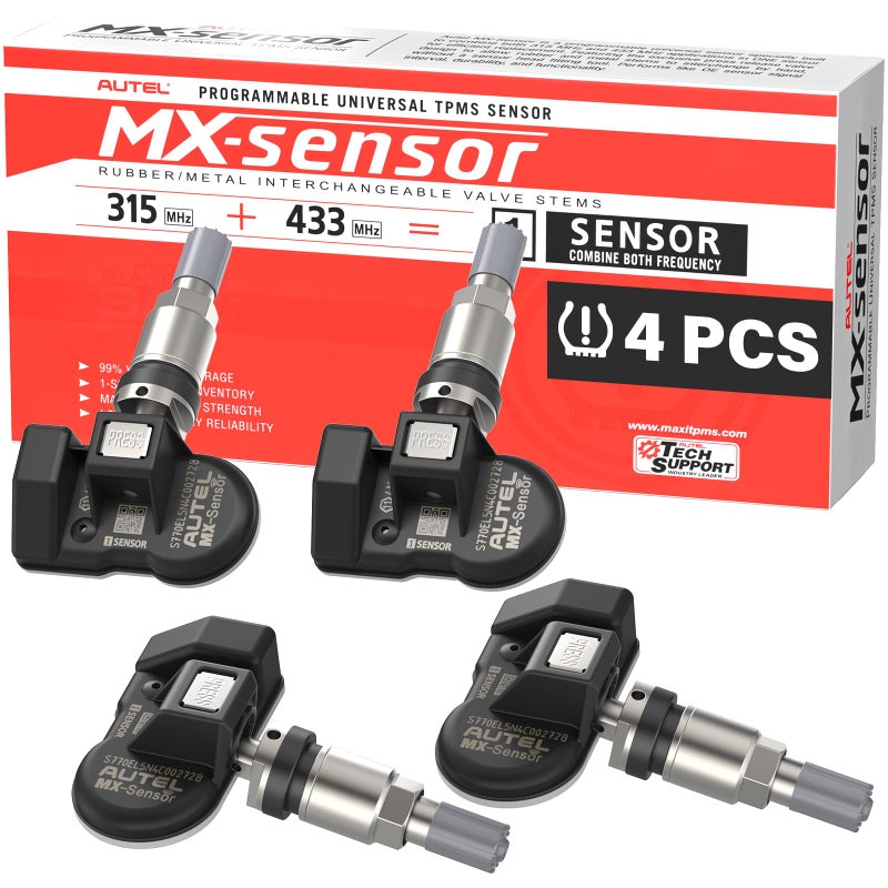 Autel TPMS Sensor Set of 4 2in 1MXSensor 315MHz  433MHz Dual Frequency 100 Programmable Replace OEM Sensor Work with Autel TPMS Tool TS408S TS501 TS508WF TS601 Pressin Metal Valve
