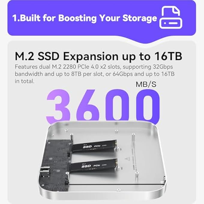rayihni MAC STUDIO DOCK, BEELINK MATE STUDIO 80GBPS HUB, DUAL PCIEX2 SSD SLOTS, MAX 16TB EXPANSION, 80GBPS USB-C PORT, PD3.0 PORT, ALLUMIUM SHELL - FROST SILVER - Image 3