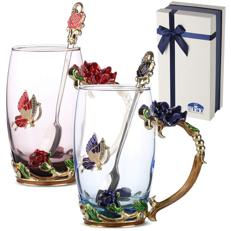 BTaT Floral Glass Tea Cups with Spoon Set Pack of 2 11 oz Blue  Red Butterfly  Flower Design with Gift Box Fancy Tea Cups Dishwasher Safe