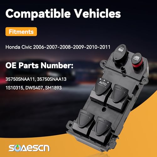 SOAESCN Driver Side Power Window Switch for Honda Civic 2006 2007 2008 2009 2010 2011, Honda Civic Door Lock Window Switch Control Button Replacmenet Assembly, 35750SNAA11,35750SNAA13,DWS407,1S10315 - Image 2