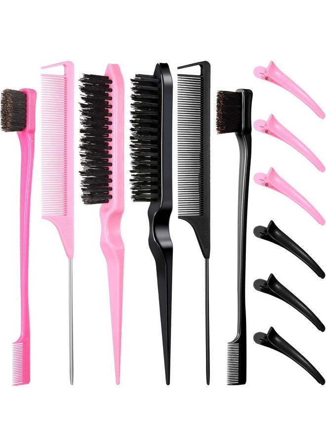 Remerry 12 Pieces Hair Brush Set Nylon Teasing Hair Brushes 3 Row Salon Teasing Brush Double Sided Hair Edge Brush Smooth Comb Grooming Rat Tail Combs With Duckbill Clips For Women Girls (Black Pink) - Image 1