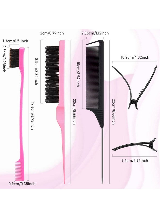 Remerry 12 Pieces Hair Brush Set Nylon Teasing Hair Brushes 3 Row Salon Teasing Brush Double Sided Hair Edge Brush Smooth Comb Grooming Rat Tail Combs With Duckbill Clips For Women Girls (Black Pink) - Image 2