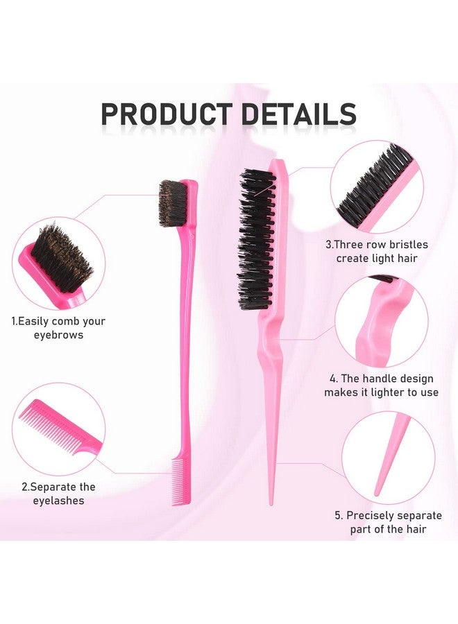 Remerry 12 Pieces Hair Brush Set Nylon Teasing Hair Brushes 3 Row Salon Teasing Brush Double Sided Hair Edge Brush Smooth Comb Grooming Rat Tail Combs With Duckbill Clips For Women Girls (Black Pink) - Image 3