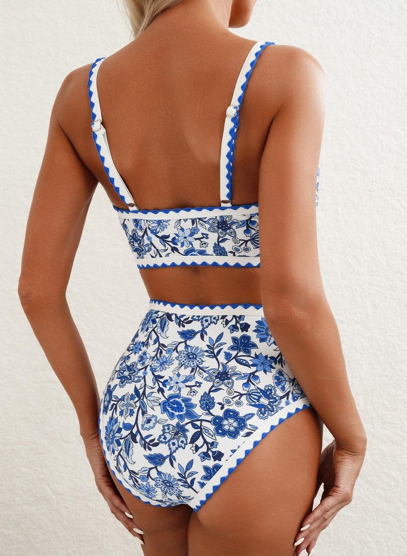 Herseas Women's Bikini Sets Floral Print Whip Stitch 2 Piece Modest Swimsuits High Waisted Scoop Padded Blue Bathing Suits Large - Image 2