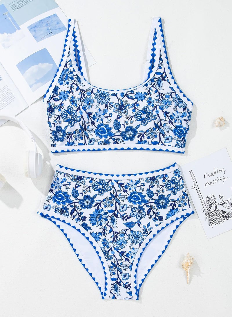 Herseas Women's Bikini Sets Floral Print Whip Stitch 2 Piece Modest Swimsuits High Waisted Scoop Padded Blue Bathing Suits Large - Image 4