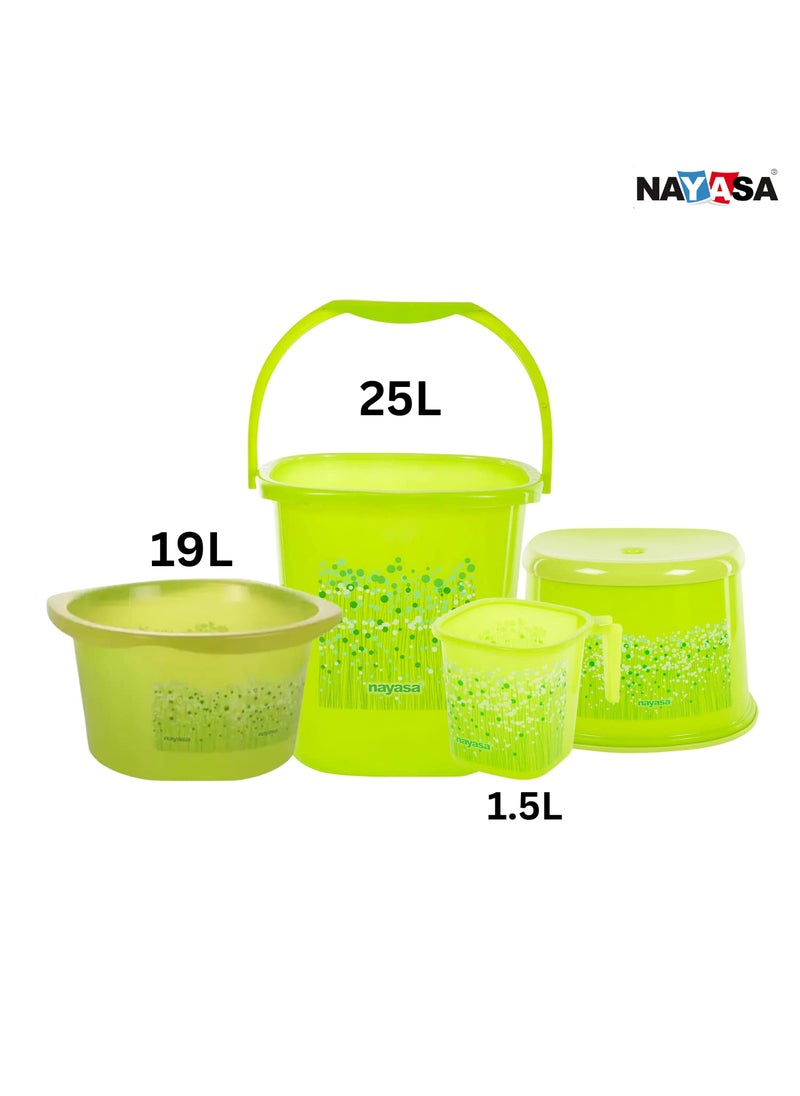 NAYASA Nayasa Plastic Bathroom Set with 19L Tub, 25L Bucket, Mug and Stool, Combo of 4 Pieces (Green)  - Image 4