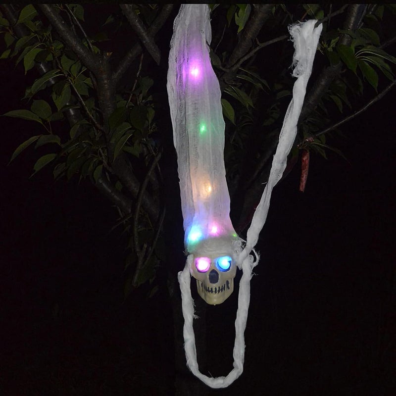 كلاراكو جمجمة معلقة في الهالوين مع عيون مضيئة وهيكل عظمي مخيف داخل شبكة عنكبوت زاحفة وديكور هالوين، دعائم هالوين متوهجة مخيفة لديكور الفناء والمنزل المسكون (3) - Image 5